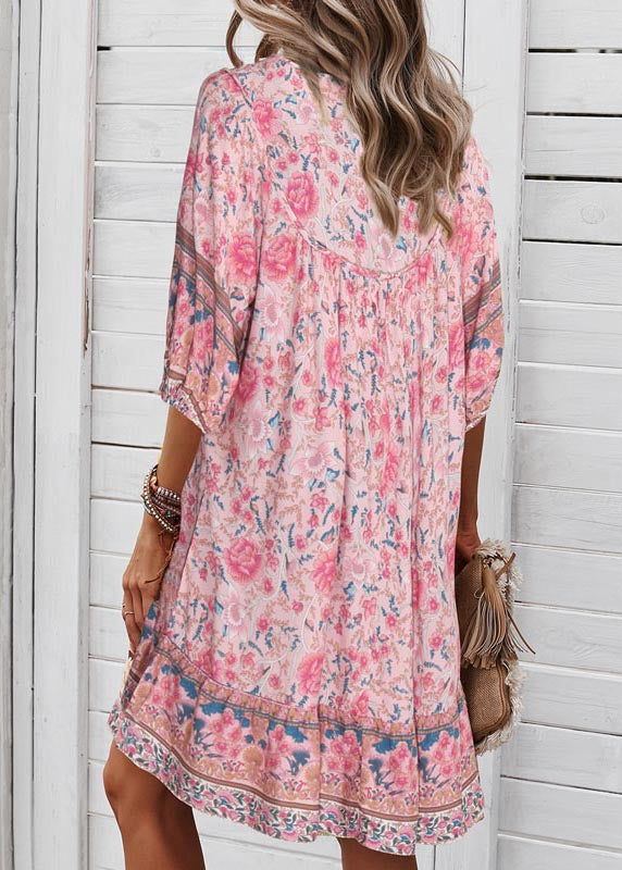 Patchwork Organic Holiday Wrinkled Pink Summer Dress Mid