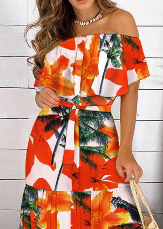 Summer Patchwork Slash Dresses Neck Organic Long Red Tunic