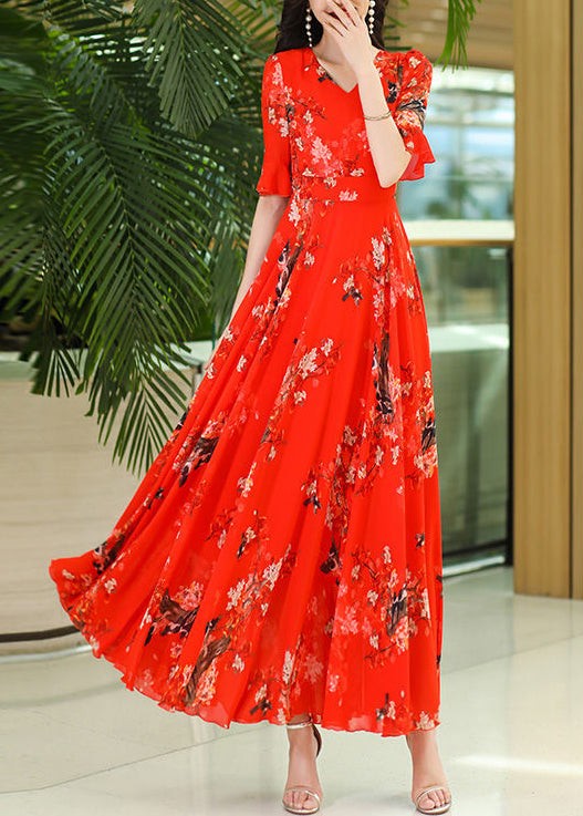 Chiffon Neck Wrinkled Maxi V Dresses Summer Rose Organic Print