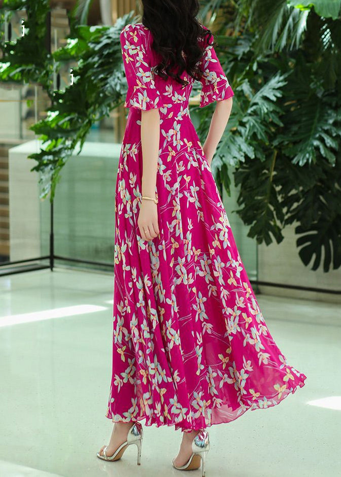 Chiffon Neck Wrinkled Maxi V Dresses Summer Rose Organic Print