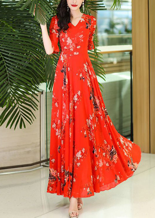 Chiffon Neck Wrinkled Maxi V Dresses Summer Rose Organic Print