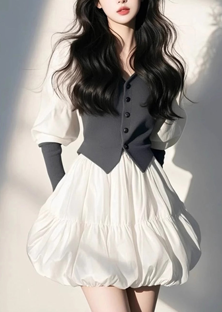 Dress Mid Sleeve Neck Button Puff Organic V White