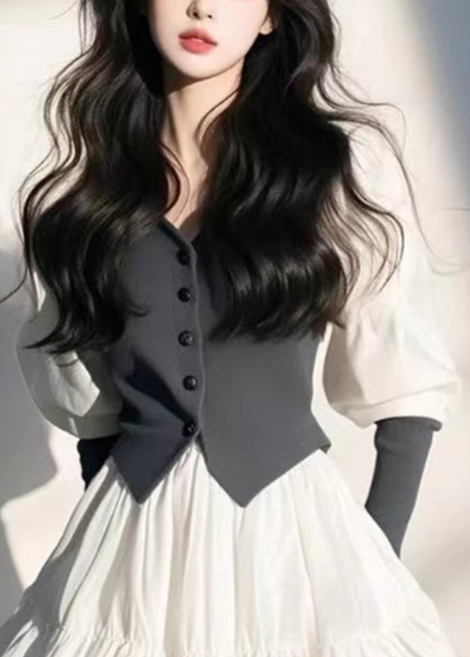 Dress Mid Sleeve Neck Button Puff Organic V White