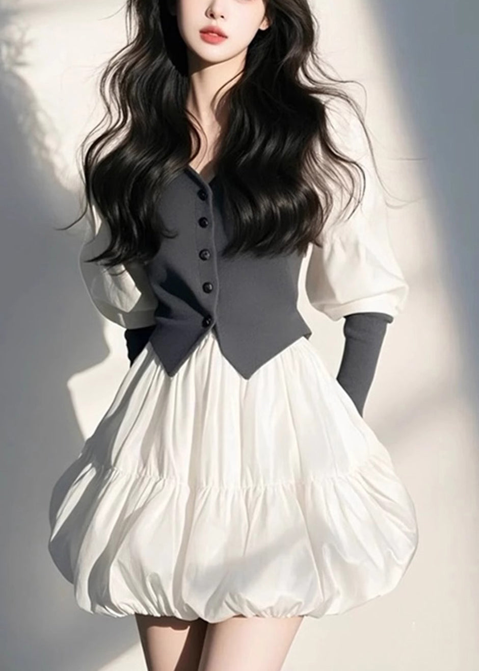 Dress Mid Sleeve Neck Button Puff Organic V White