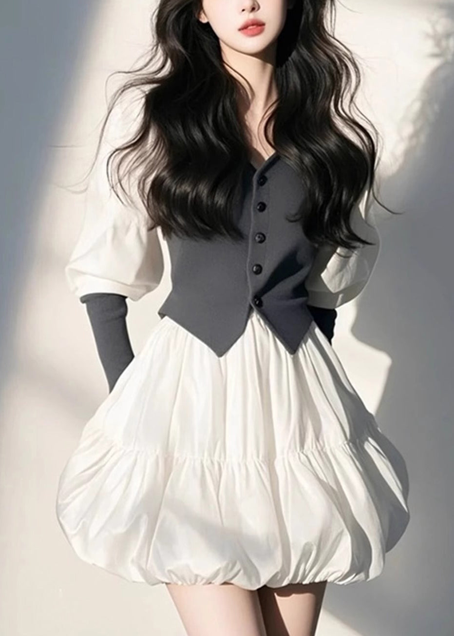 Dress Mid Sleeve Neck Button Puff Organic V White