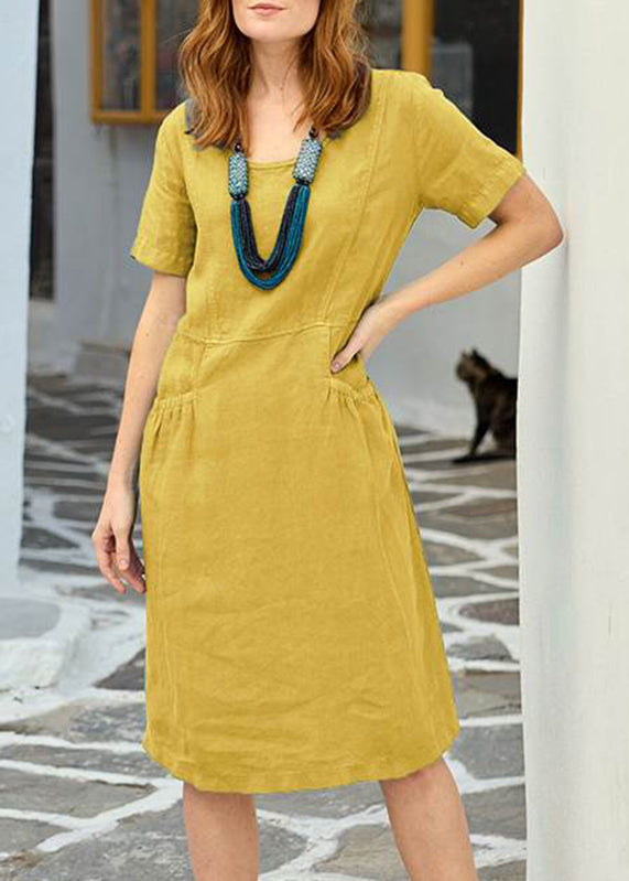 Long Yellow Dress Pockets Sleeve Patchwork Organic Short Solid