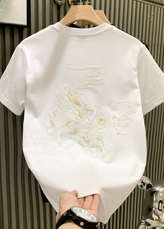 Shirts Summer Oriental Embroideried Cotton Neck White O Mens T