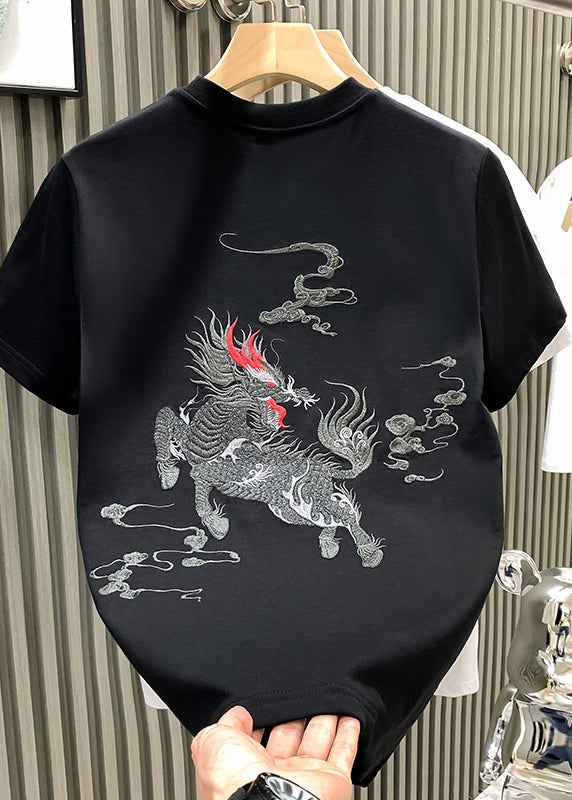 Shirts Summer Oriental Embroideried Cotton Neck White O Mens T