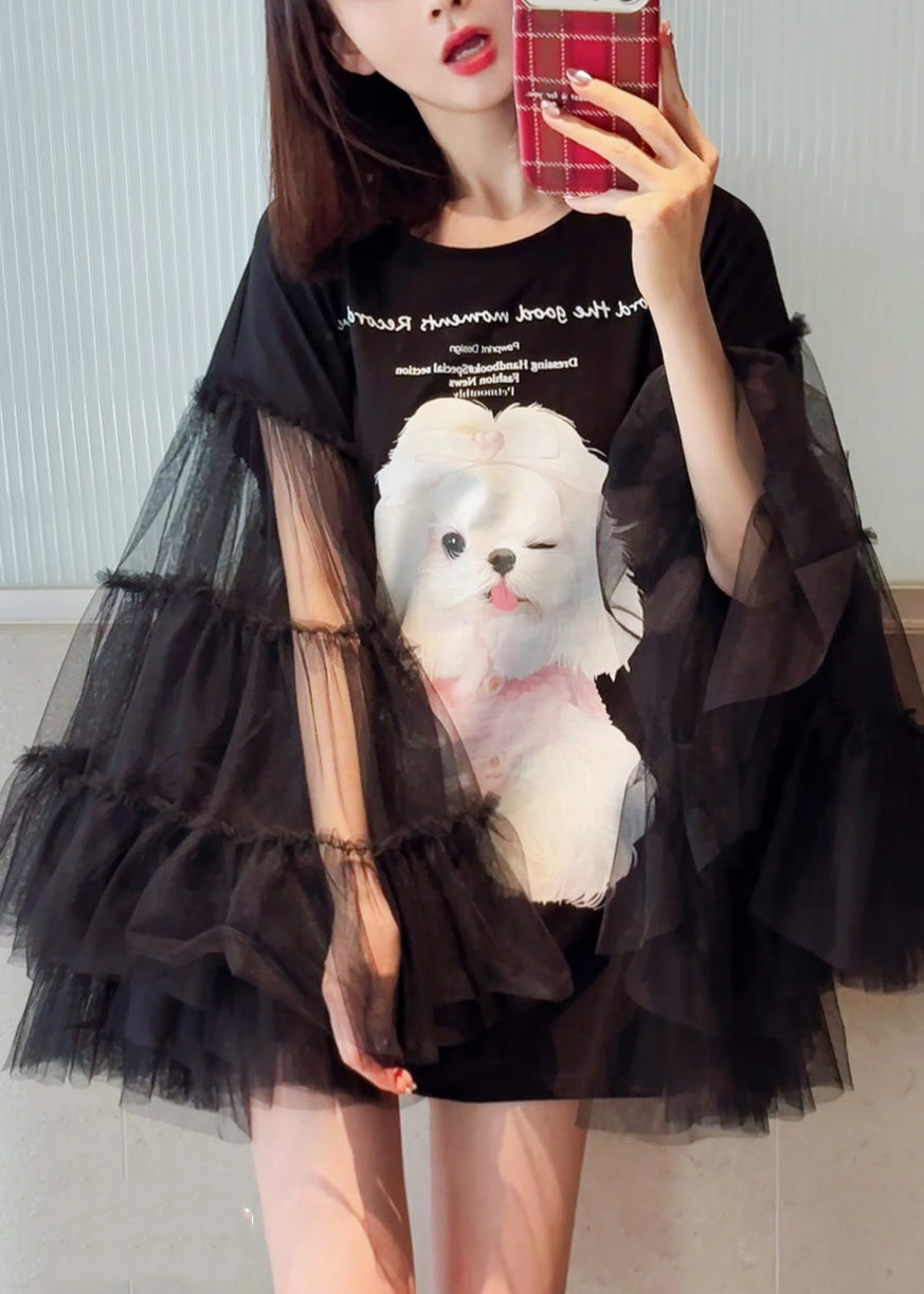 Original Black Print Tulle Patchwork T Shirt Dress Long Sleeve UU1021