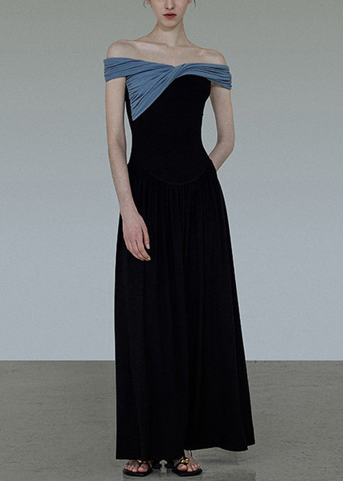 Slash Neck Cotton Patchwork Long Wrinkled Black Original Dress