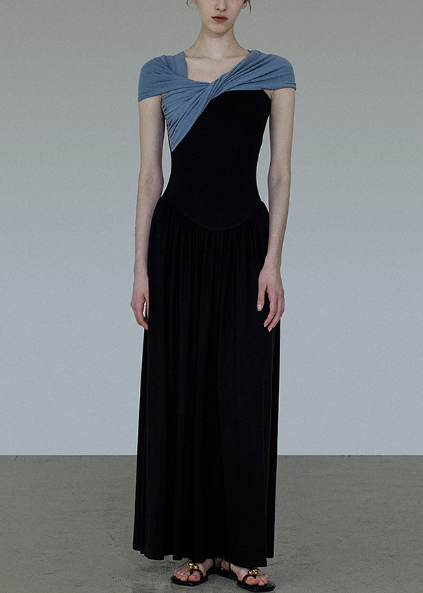 Slash Neck Cotton Patchwork Long Wrinkled Black Original Dress
