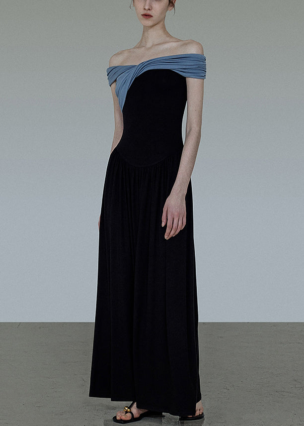 Slash Neck Cotton Patchwork Long Wrinkled Black Original Dress