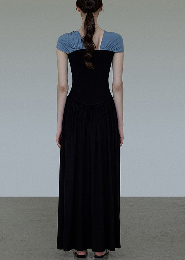 Slash Neck Cotton Patchwork Long Wrinkled Black Original Dress