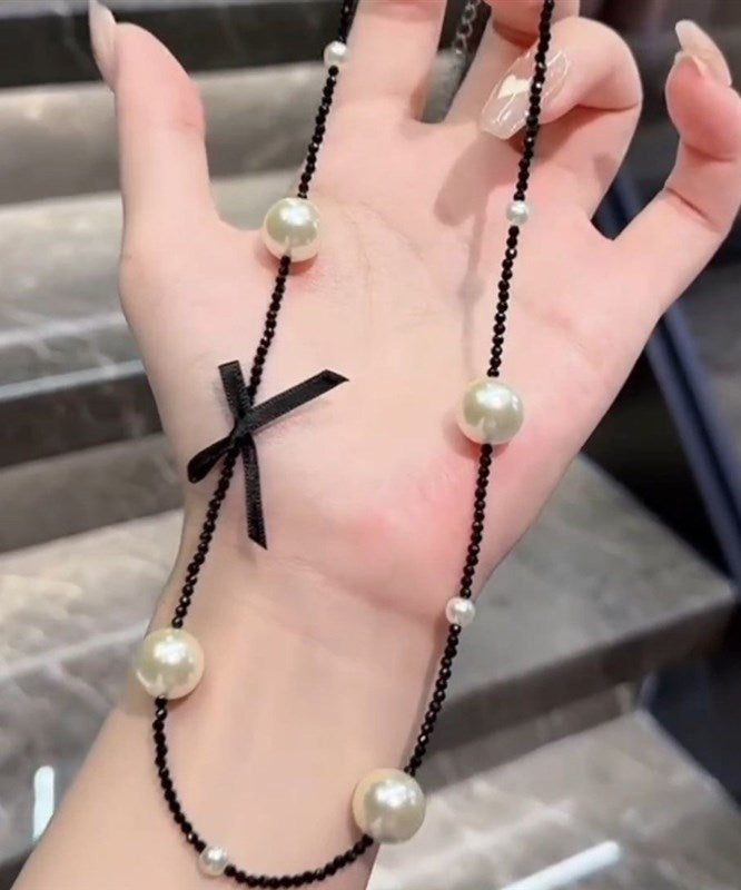 Original Black Stainless Steel Pearl Beading Bow Necklace YD021