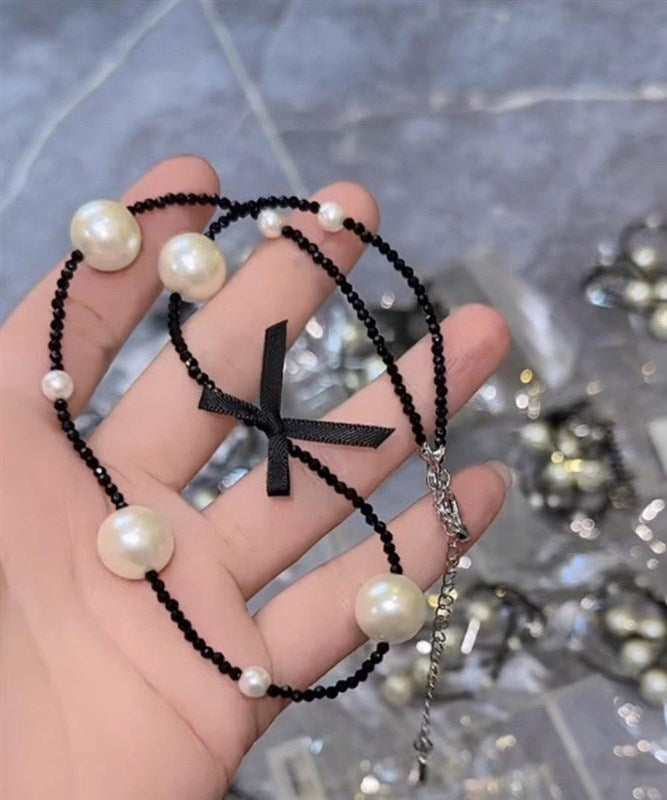 Original Black Stainless Steel Pearl Beading Bow Necklace YD021