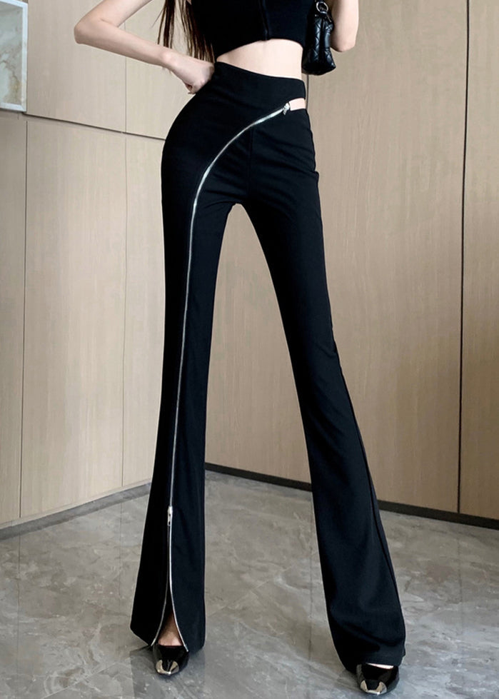 Side Spring Open Up Zip Cotton Original Trousers Black Flared