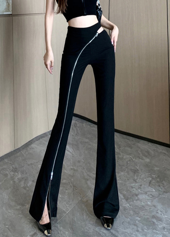 Side Spring Open Up Zip Cotton Original Trousers Black Flared