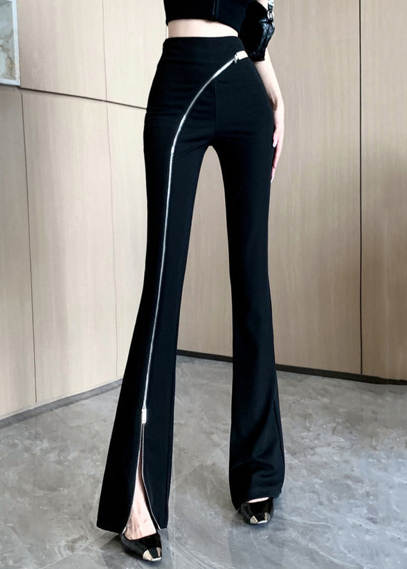 Side Spring Open Up Zip Cotton Original Trousers Black Flared