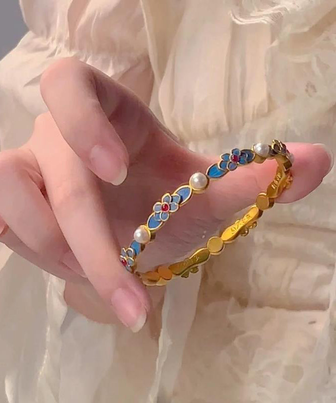 Pearl Bangle Gold Blue Floral Original Ancient