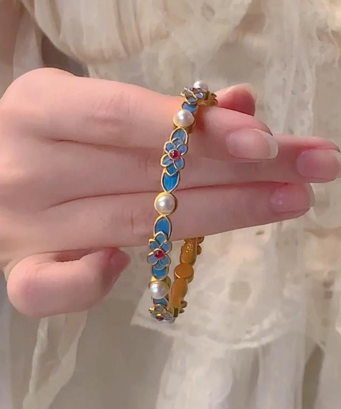 Pearl Bangle Gold Blue Floral Original Ancient