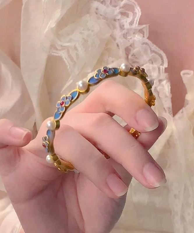 Pearl Bangle Gold Blue Floral Original Ancient