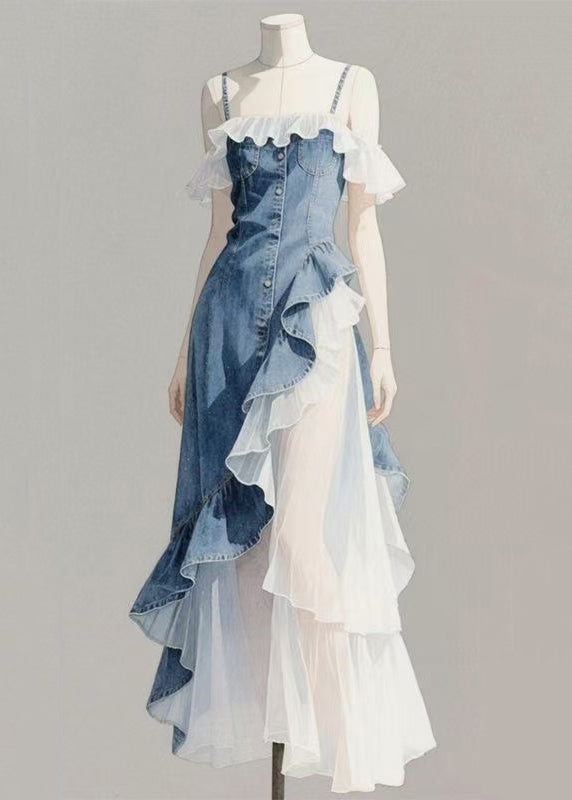 Spaghetti Denim Ruffled Asymmetrical Original Patchwork Blue