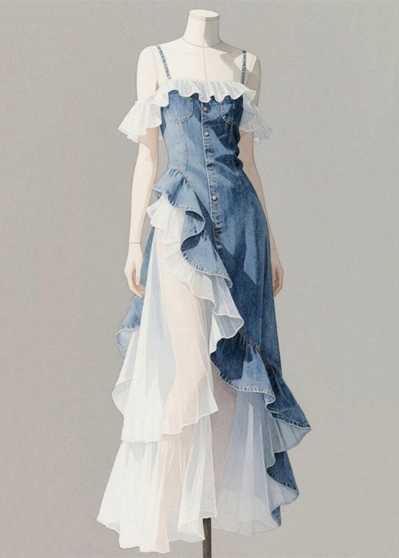 Spaghetti Denim Ruffled Asymmetrical Original Patchwork Blue