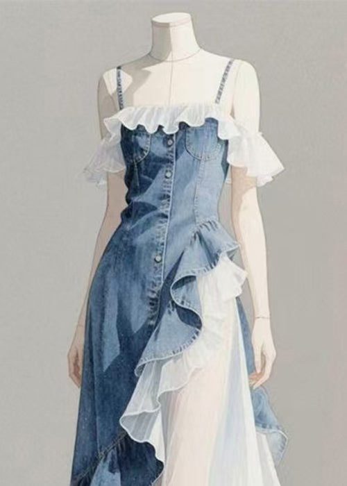 Spaghetti Denim Ruffled Asymmetrical Original Patchwork Blue