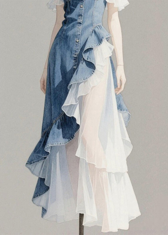 Spaghetti Denim Ruffled Asymmetrical Original Patchwork Blue