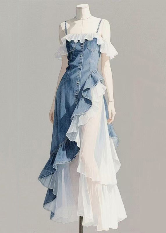 Spaghetti Denim Ruffled Asymmetrical Original Patchwork Blue