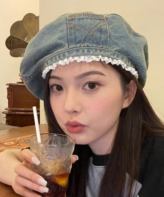 Lace Denim Original Hat Blue Trimmed Beret