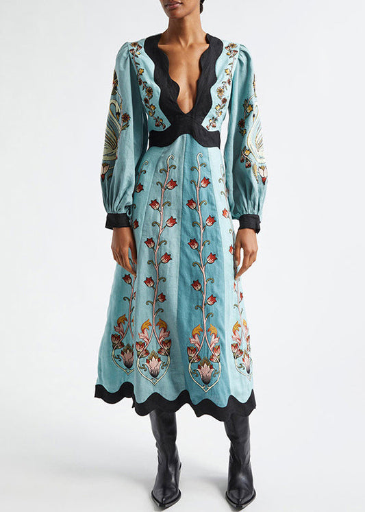 Original Print Cotton Blue Spring Dress V Backless Neck Long