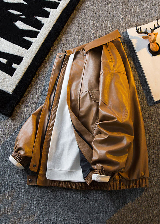 Original Brown Peter Pan Collar Solid Faux Leather Mens Coats Spring RN017