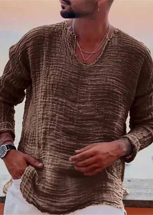 Shirts Open T Side Fall Cotton Original Solid Coffee Men