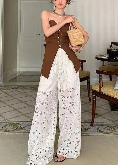 Original Design Apricot High Waist Hollow Out Lace Wide Leg Pants Summer HA1008 Ada Fashion