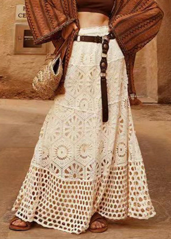 Beige A Elastic Lace Line Design Waist Skirt Patchwork Original