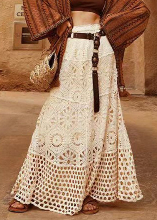 Beige A Elastic Lace Line Design Waist Skirt Patchwork Original