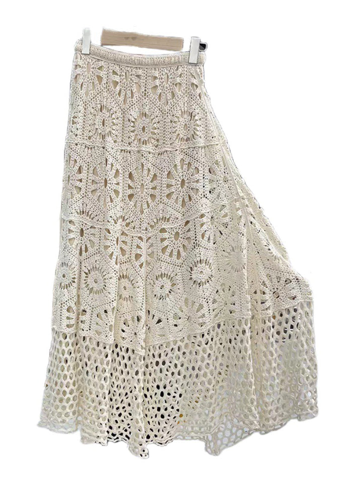 Beige A Elastic Lace Line Design Waist Skirt Patchwork Original