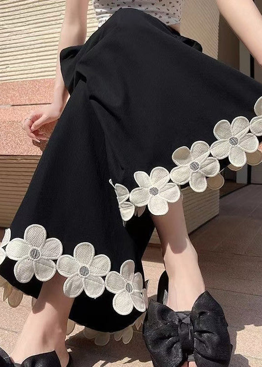 Pants Leg Black Cotton Floral Design Wide Patchwork Original