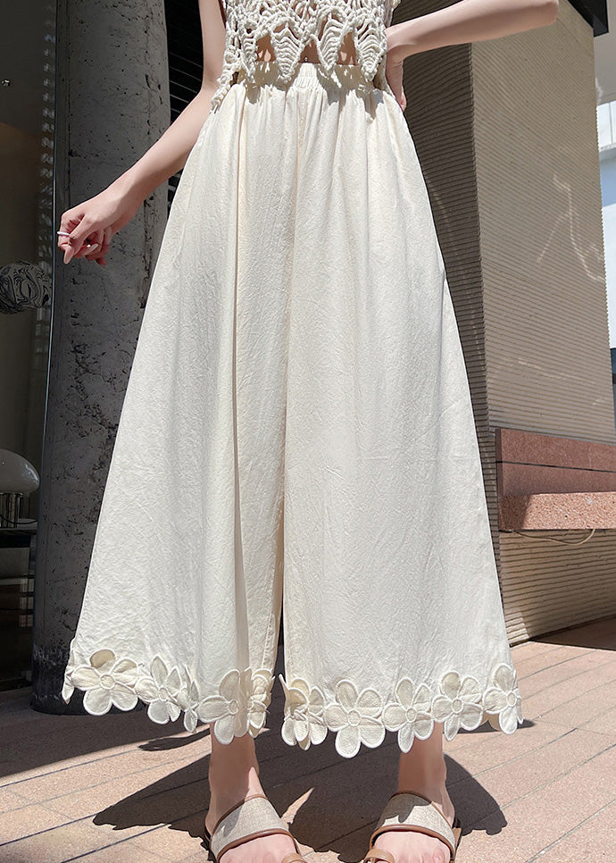 Pants Leg Black Cotton Floral Design Wide Patchwork Original