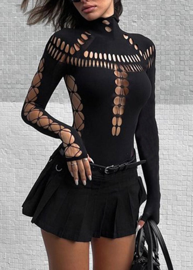 Bodysuit Black Tulle Design Out Turtleneck Original Hollow