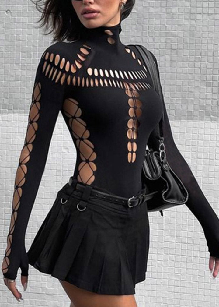 Bodysuit Black Tulle Design Out Turtleneck Original Hollow