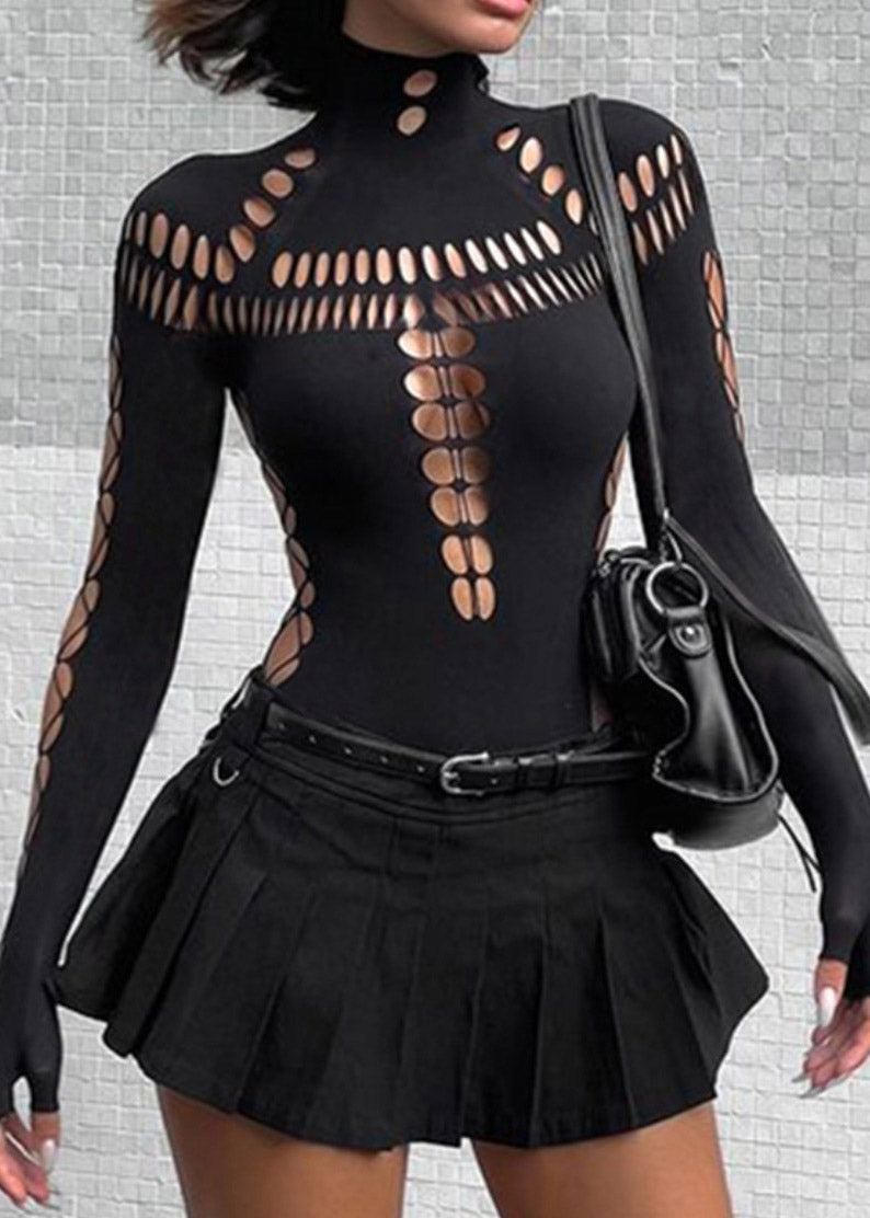 Bodysuit Black Tulle Design Out Turtleneck Original Hollow