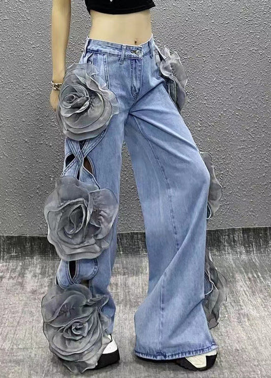 Original Design Blue Hollow Out Floral Denim Wide Leg Pants Fall RI035