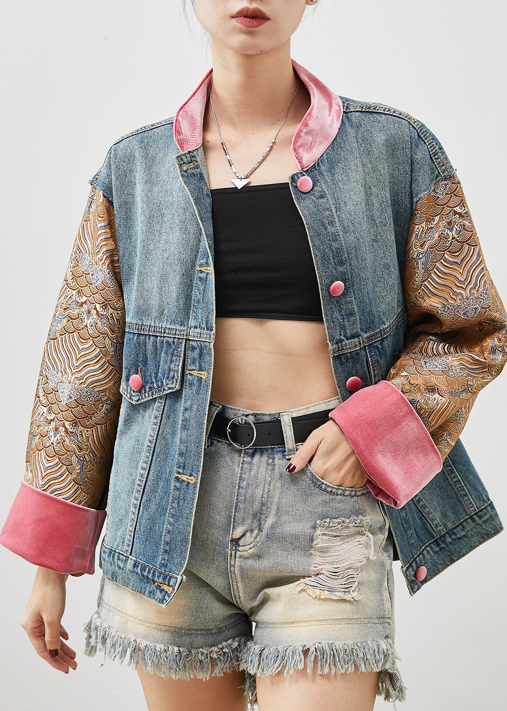 Original Design Blue Oversized Patchwork Denim Jacket Spring YU1060