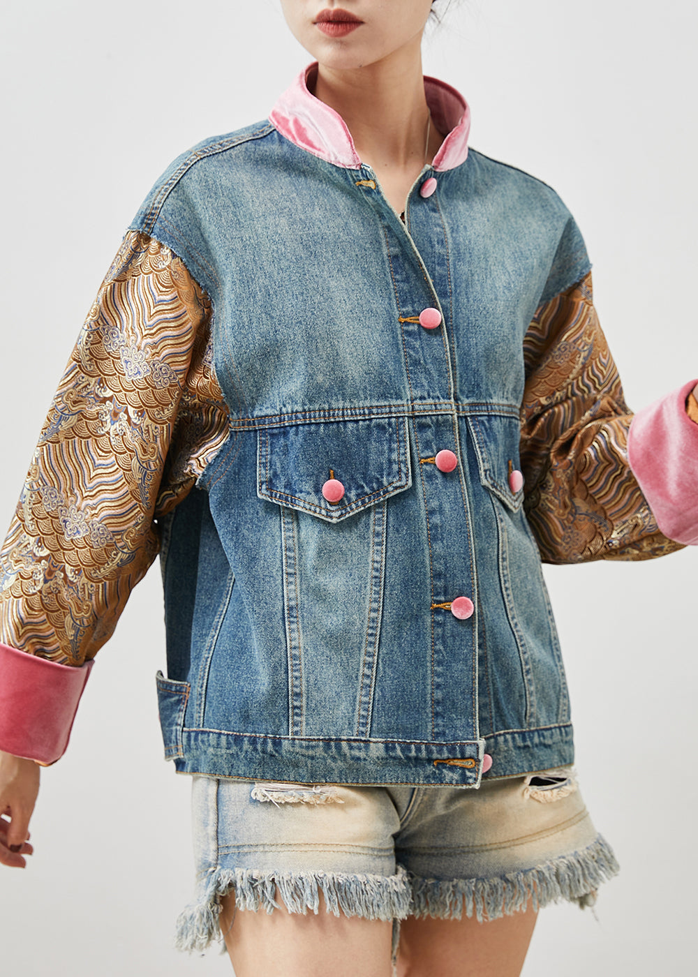 Original Design Blue Oversized Patchwork Denim Jacket Spring YU1060