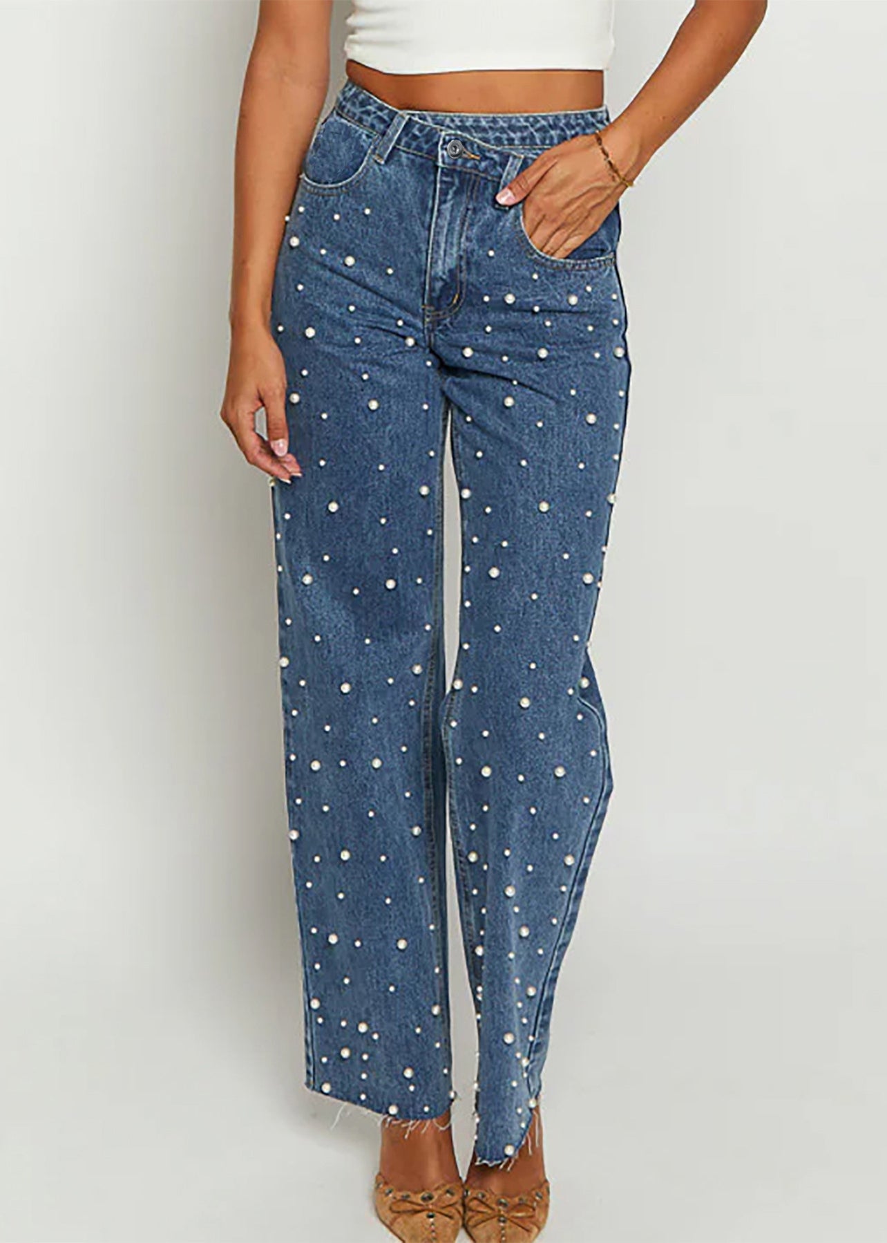 Nail Pants Blue Bead Original Pockets Spring Design Denim