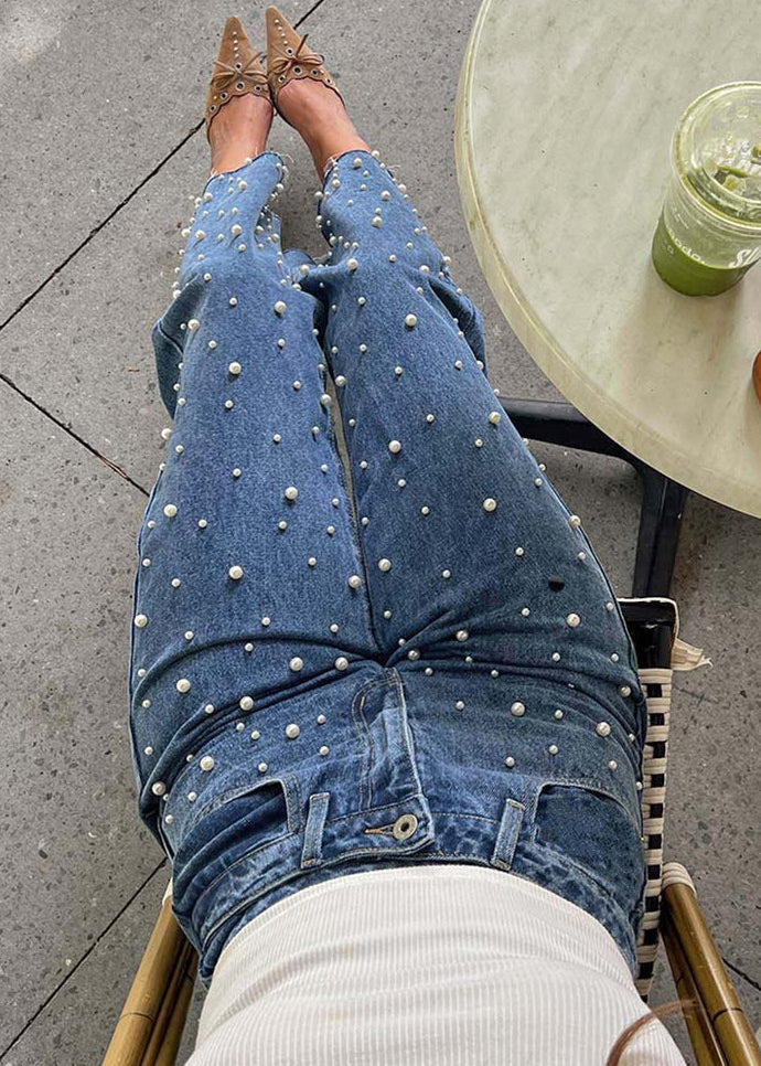 Nail Pants Blue Bead Original Pockets Spring Design Denim