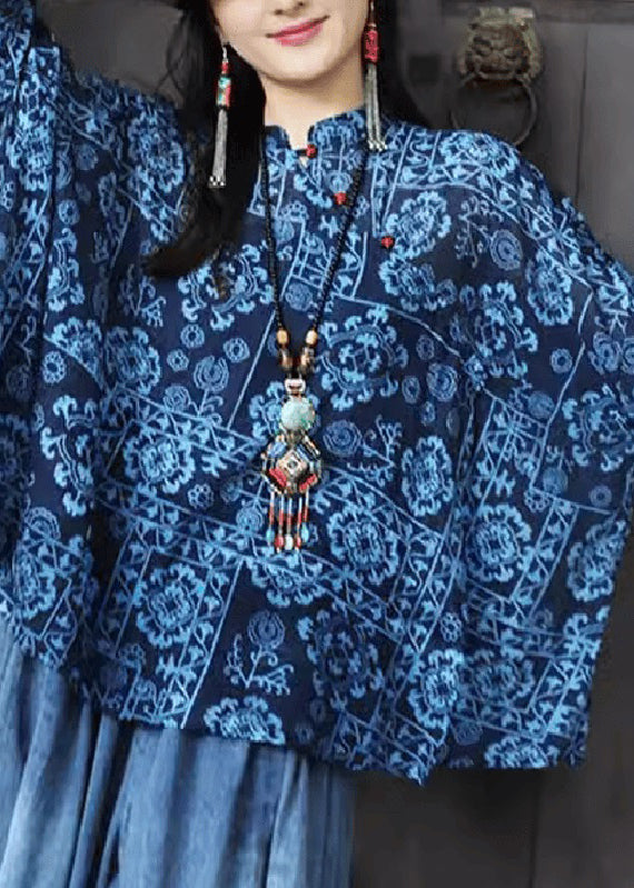 Haut boutonné à imprimé bleu et col montant au design original pour l'automne UU023