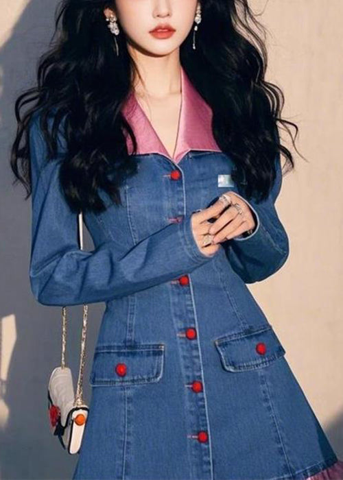 Original Design Blue Fall Wrinkled Denim Dress Mid Patchwork